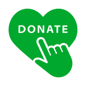 green heart with donate and hand pressing donate