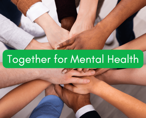 diverse hands together with together for mental health in white green background