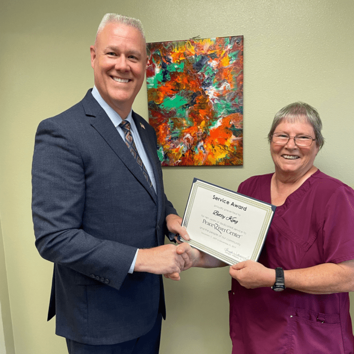 04.27.23 Gilmore Employee Anniversaries (2) CEO Larry Williams and Betty King, LPN in substance use program