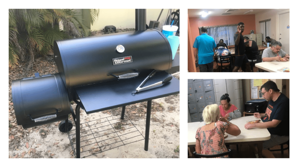 Group Home grill and pictures of clients eating from cookout